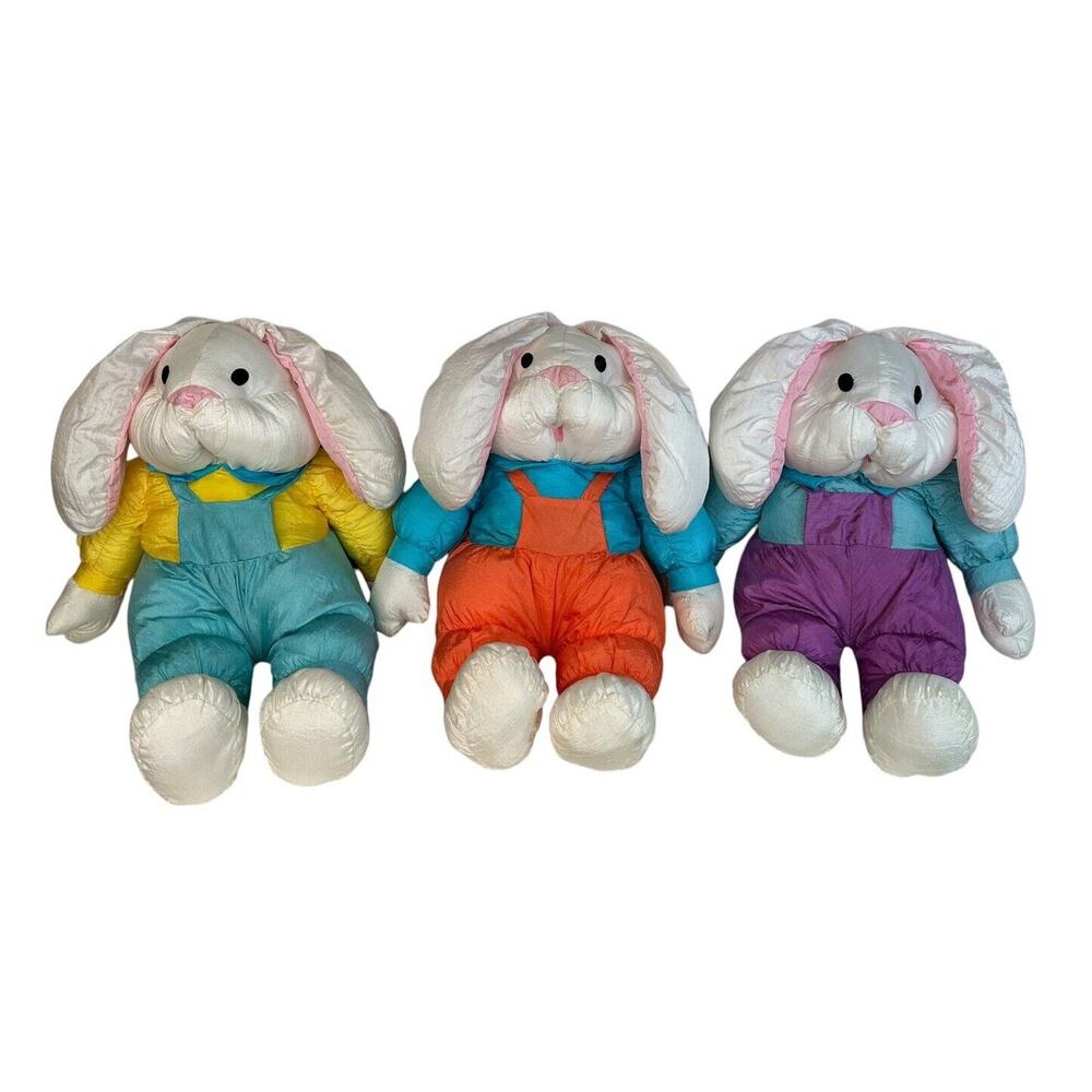 Vtg International Silver Co 3 Nylon BUNNY RABBITS Puffy Stuffed Plush Triplets